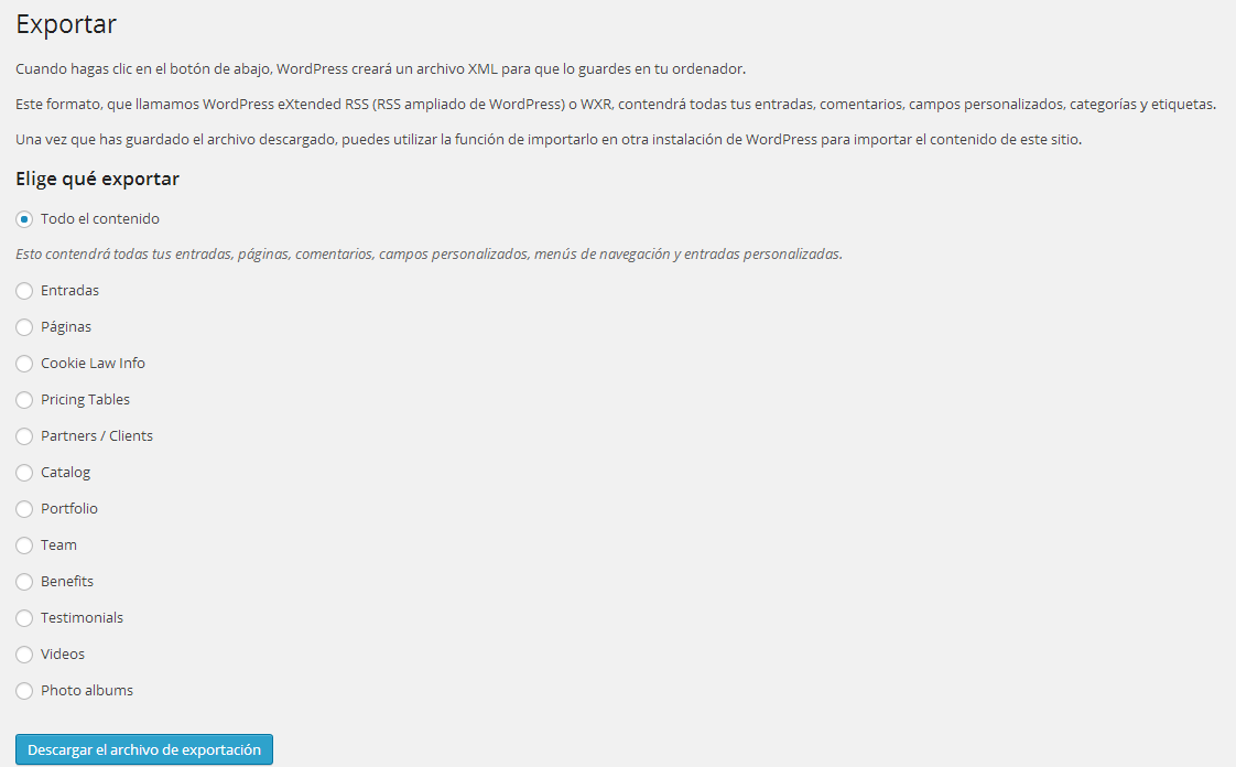 Exportar en wordpress